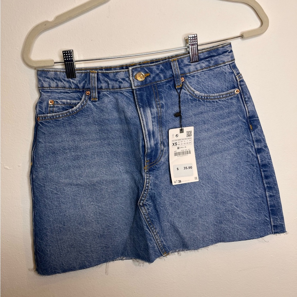 Denim mini skirt.